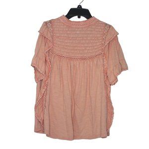 Free People Women's Short Sleeve Embroidered Lace Boxy Coral Top SZ Large B3-03